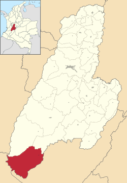 Location of the municipality and town of Planadas in the Tolima Department of Colombia.