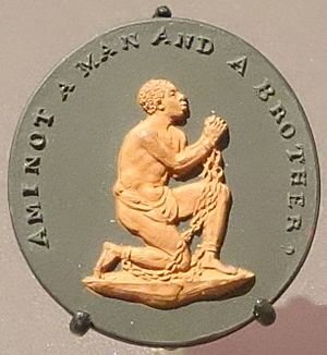 Am I not a Man and a Brother, medallion modelled by William H. Hackwood, Wedgwood, Etruria, England, c. 1786, tinted stoneware - Brooklyn Museum - DSC09289 (cropped)