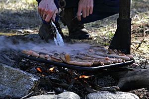Cooking snags over campfire