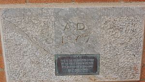 Foundation stone of original St Andrew's Presbyterian Church laid 1867, 149 Goondoon Street, Gladstone, 2014