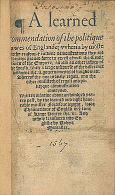 John Fortescue, A Learned Commendation of the Politique Lawes of Englande (1st English ed, 1567, title page) - 20140816