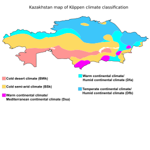Kazakhstan map of Köppen climate classification