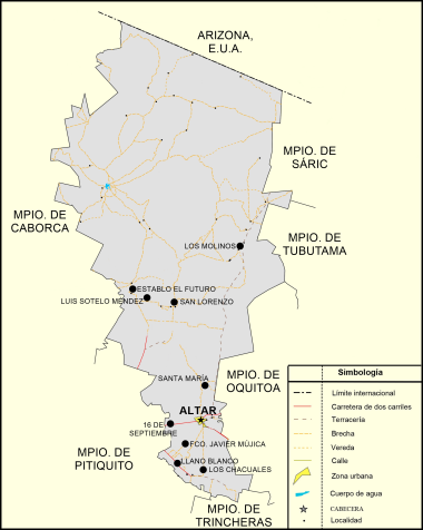 Mapa de localidades del municipio de Altar