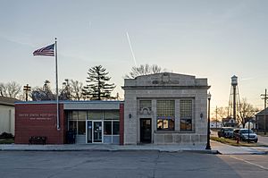 Post office, bank, and water tower in Mead, Nebraska