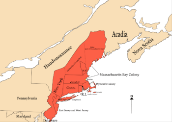 Map of the Dominion, represented in dark red, as of 1688. Names of the constituent and neighboring colonies also shown.
