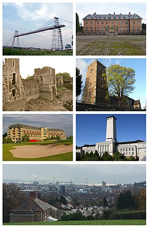 A montage of seven images of the sights of Newport. Clockwise from the top left: the Transporter Bridge in clear skies, the grounds and building at Tredegar House with the gates in the foreground, the remains of Newport Castle on the side facing the River Usk, St Woolos Cathedral and a tree in the foreground, The Celtic Manor resort building with the sand bunker of the golf course in the foreground, the Clock Tower of Newport City Council's Civic Centre, and a wide shot at the bottom of the skyline of Newport from a hill, with the Usk in the far distance.