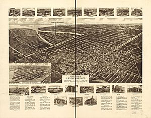 Panoramic map of Lindenhurst from 1926 with list of landmarks and images of several inset