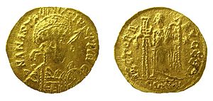 Early Medieval Coin, Gold Gallic contemporary copy of a Solidus of Anastasius (491-518), possibly of the Pseudo-Merovingian coinage, c. 500-580 (FindID 179358)