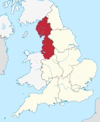 North West England, highlighted in red on a beige political map of England