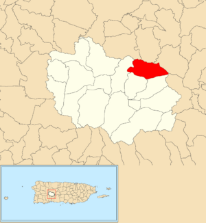 Location of Pellejas barrio within the municipality of Adjuntas shown in red