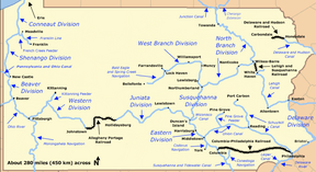 A network of east–west canals and connecting railroads spanned Pennsylvania from Philadelphia to Pittsburgh. North–south canals connecting with this east–west canal ran between West Virginia and Lake Erie on the west, Maryland and New York in the center, and along the border with Delaware and New Jersey on the east. Many shorter canals connected cities such as York, Port Carbon, and Franklin to the larger network.