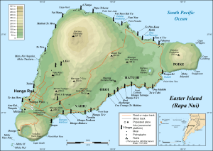 Easter Island map showing Terevaka, Poike, Rano Kau, Motu Nui, Orongo, and Mataveri; major ahus are marked with moai