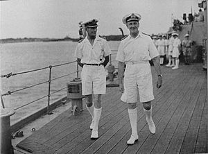 Vice Admiral Sir James Somerville with Captain G.N. Oliver on board H.M.S. Warspite