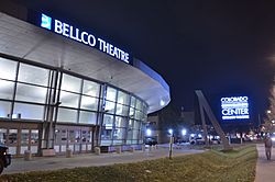 Exterior of Bellco Theatre. Viewed at night from the Speer and Stout intersection