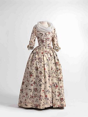 Dress (robe à l'anglaise) and skirts in chintz, ca. 1770-1790, shawl (fichu) in embroidered batiste, 1770-1800