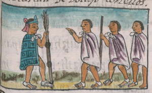 Príncipe Moctezuma el Joven llegando al rescate de los mercaderes sitiados en Ayotlan, en el folio 6r del libro IX