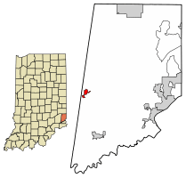 Location of Moores Hill in Dearborn County, Indiana.