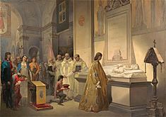 Il duca Ludovico Maria Sforza visita la tomba della moglie, la duchessa Beatrice d'Este, nella chiesa di Santa Maria delle Grazie a Milano,