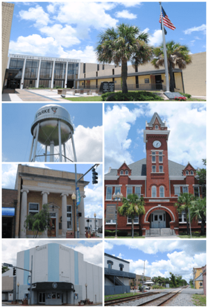 From top, left to right: Bradford County Courthouse, Starke water tower, Old Bradford County Bank, Old Bradford County Courthouse, Florida Twin Theatre, Railroad tracks running through Call Street Historic District