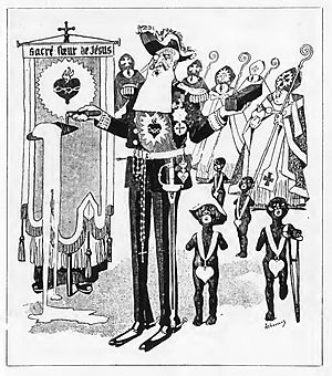 Cartoon depicting King Leopold 2 of the Belgians laying the first stone of the Basilica of Koekelberg