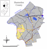 Map of Kingwood Township in Hunterdon County. Inset: Location of Hunterdon County highlighted in the State of New Jersey.