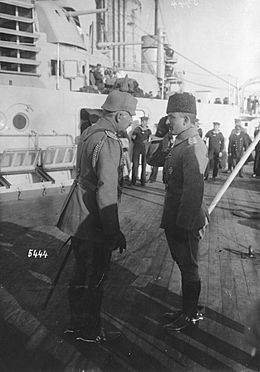 The Emperor on board the Javus Sultan Selim (Goeben). German Emperor Wilhelm II. in conversation with Enver Pascha. October 1917 - NARA - 17391108 (restored)