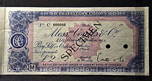 Coutts & Co. traveler's cheque, for 2 pounds. Issued in London, 1970s. Langmead Collection. On display at the British Museum in London
