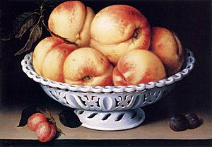 Fede Galizia White Ceramic Bowl with Peaches and Red and Blue Plums