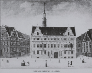 Illustration af Stenbukkens Gaard på Højbro Plads