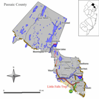 Map of Little Falls in Passaic County; Singac is located in the western end of Little Falls. Inset: Location of Passaic County highlighted in the State of New Jersey.