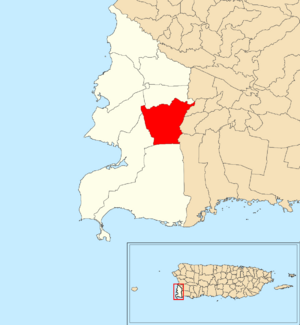 Location of Llanos Tuna within the municipality of Cabo Rojo shown in red