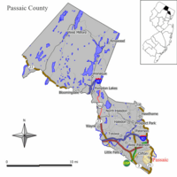 Map of Passaic in Passaic County. Inset: Location of Passaic County highlighted in the State of New Jersey.