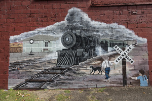 Railroad-themed mural in the town of Gauley Bridge, West Virginia LCCN2015634256