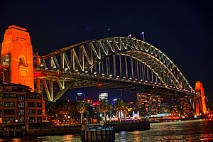 A close view of Sydney Harbour Bridge at night