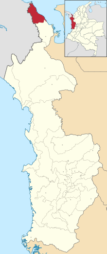 Location of the municipality and town of Acandí in the Chocó Department of Colombia.