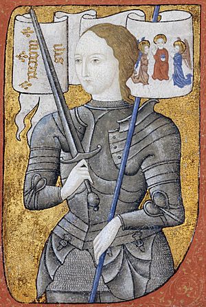 An image of a woman dressed in silver armor, holding a sword and a banner.