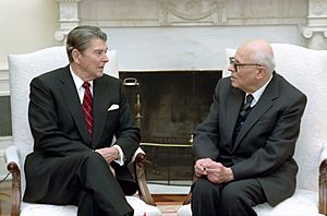 President Ronald Reagan meeting with Soviet dissident Andrei Sakharov in the Oval Office