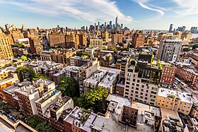 Bird's eye view of Greenwich Village, facing towards the skyline of Lower Manhattan
