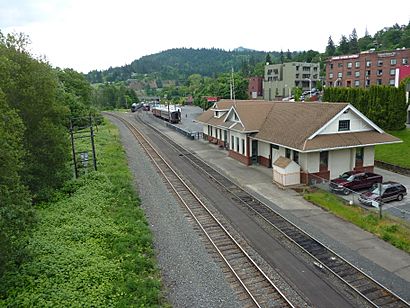 A track side view of the station in 2011, with Mount Hood Railway equipment in the background