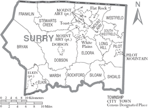 Map of Surry County North Carolina With Municipal and Township Labels