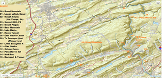 USGS relief-Broad Mountain and Terrains it dominates west of the Lehigh Gorge and north of Tamaqua, Nesquehoning and Jim Thorpe, PA