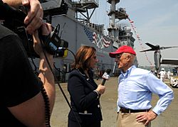 US Navy 110527-N-5698C-280 Fox News reporter Kathleen T. McFarland interviews Battle of Iwo Jima veteran Lou Dipaolo on the flight deck of the mult