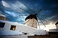 Against Greek skies, one of the Mykonos Island Windmills, Chora. Cyclades, Agean Sea, Greece