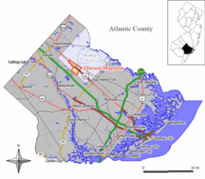 Map of Elwood CDP in Atlantic County. Inset: Location of Atlantic County in New Jersey.