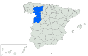 Map showing, in blue, the provinces of the Leonese Country (From top to bottom: León, Zamora, Salamanca).