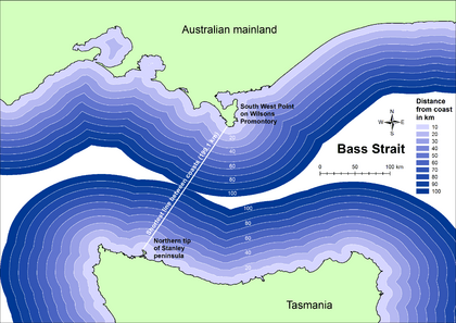 Shortest distance between coasts of Bass Strait