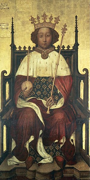Portrait of Richard crowned sitting on his throne and holding an orb and scepter