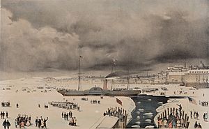 This Print representing the B & N.A. Royal Mail Steamship Britannia John Hewitt, Commander, leaving her dock at East Boston on the 3rd of February 1844 on her voyage to Liverpool (through) a canal cut in the ice PAH8888 cropped