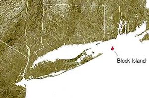 Block Island, shown in red, off the coast of the State of Rhode Island