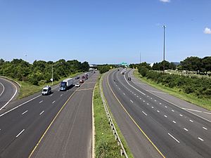 2019-07-24 10 43 51 View west along Interstate 70 and U.S. Route 40 (Baltimore National Pike) from the overpass for New Design Road in Frederick, Frederick County, Maryland